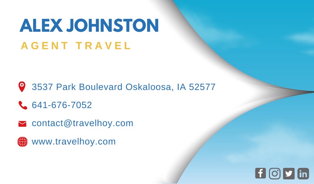 Une carte de visite de Alex Johnston pour TravelHoy. 