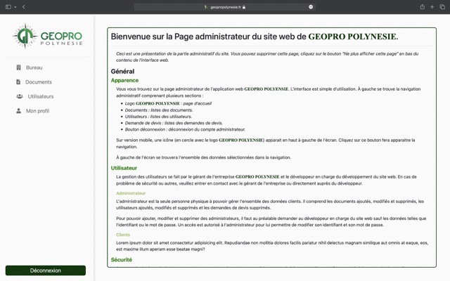 Une capture d'écran de l'application web de Geopro Polynesie